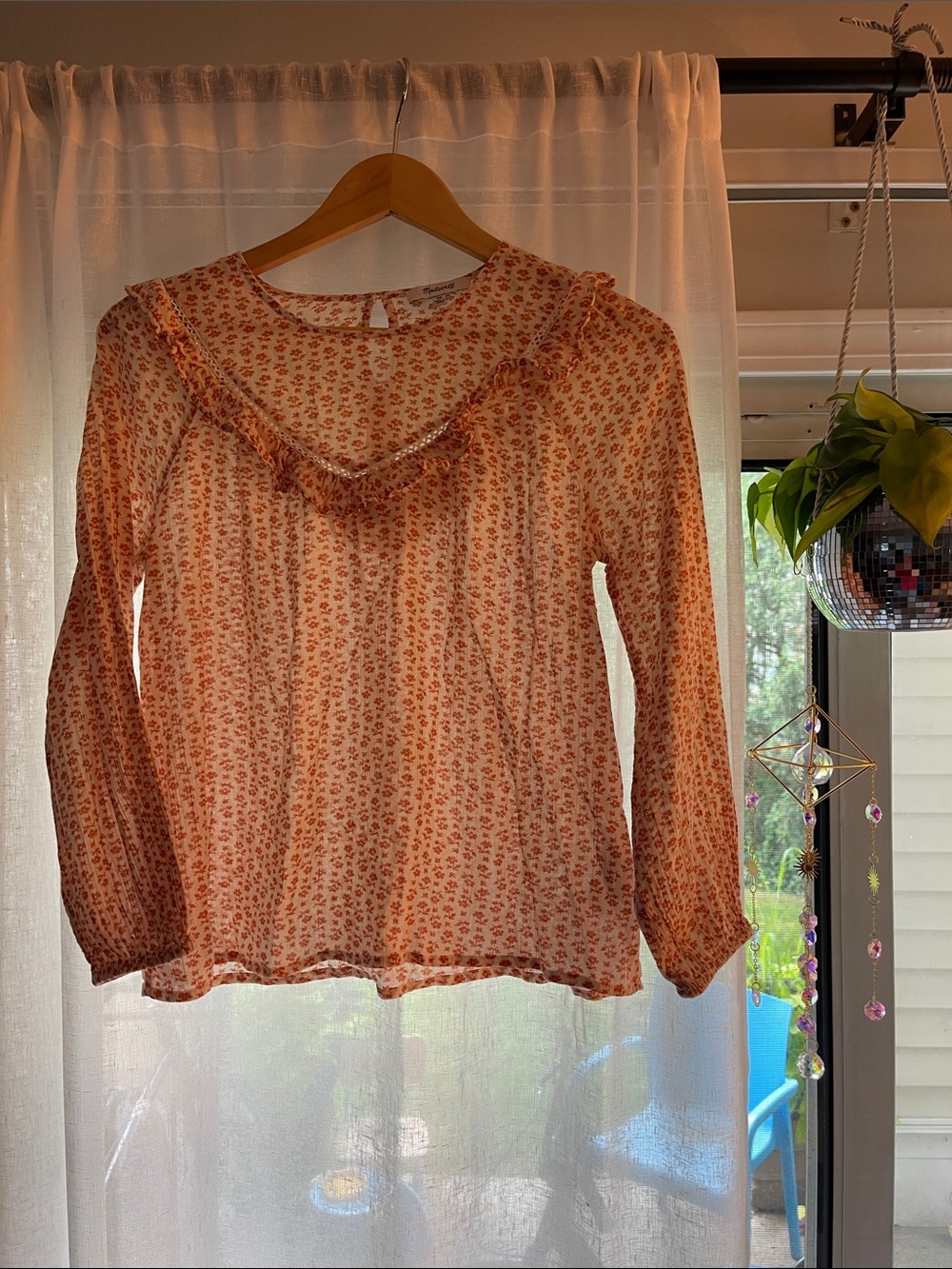 Madewell Peach Floral Ruffle-Neck Blouse